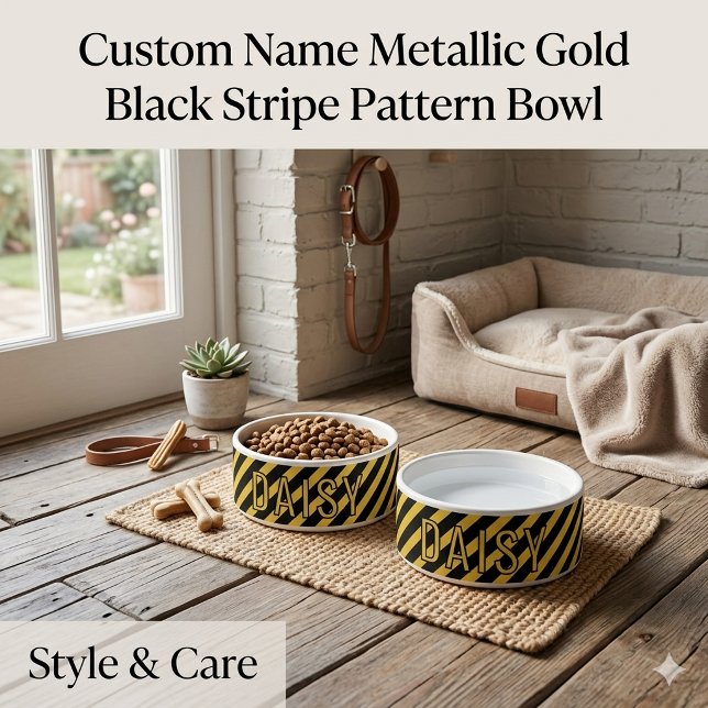 Custom Name Metallic Gold Black Stripe Pattern (Custom Name Metallic Gold Black Stripe Pattern Bowl)