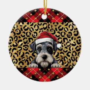 Custom Name Miniature Schnauzer dog Santa hat Buff Ceramic Ornament