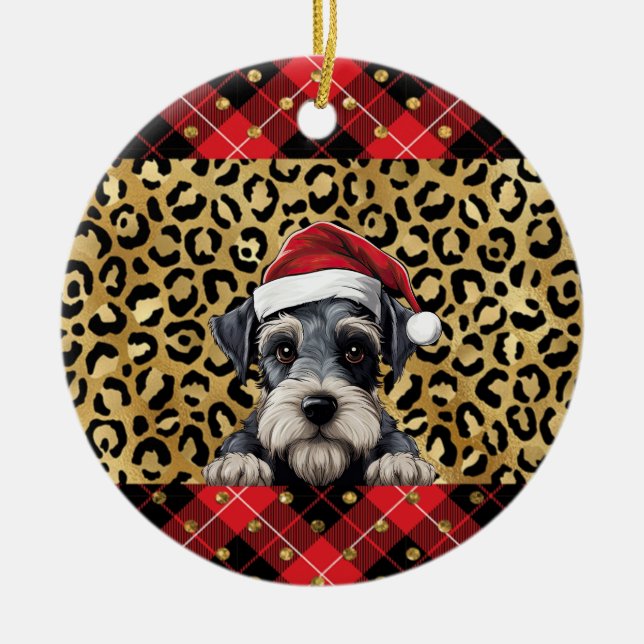 Custom Name Miniature Schnauzer dog Santa hat Buff Ceramic Ornament (Front)