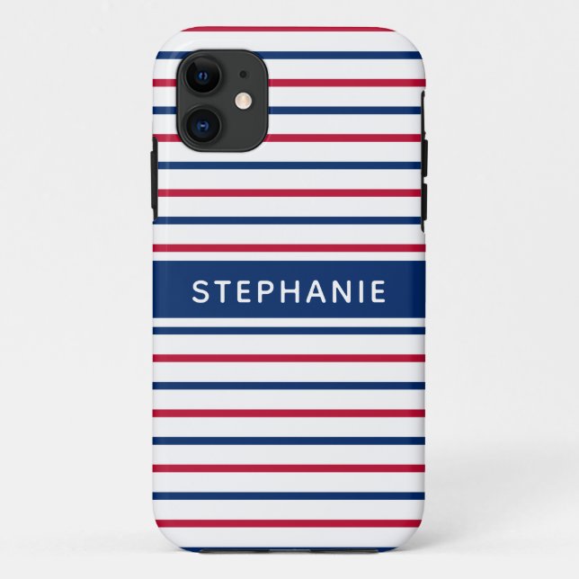 Custom Name Minimalist Red and Blue Stripes Modern Case-Mate iPhone Case (Back)