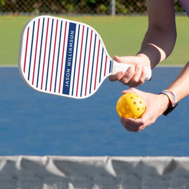 Custom Name Minimalist Red and Blue Stripes Modern Pickleball Paddle (Insitu)