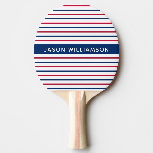 Custom Name Minimalist Red and Blue Stripes Modern Ping Pong Paddle (Front)