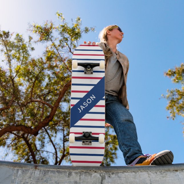 Custom Name Minimalist Red and Blue Stripes Modern Skateboard (Outdoor 1)