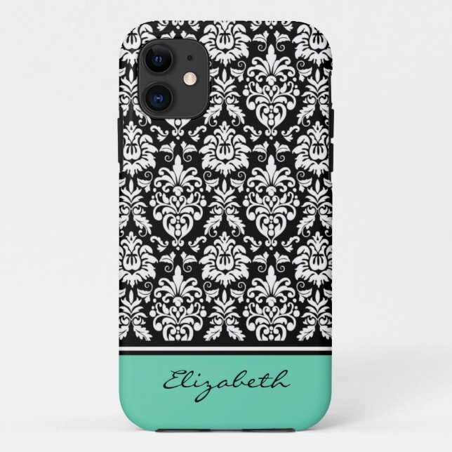 Custom Name Mint Black White Damask Case-Mate iPhone Case (Back)