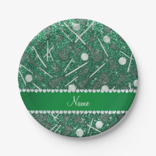 Custom name mint green glitter lacrosse sticks paper plate