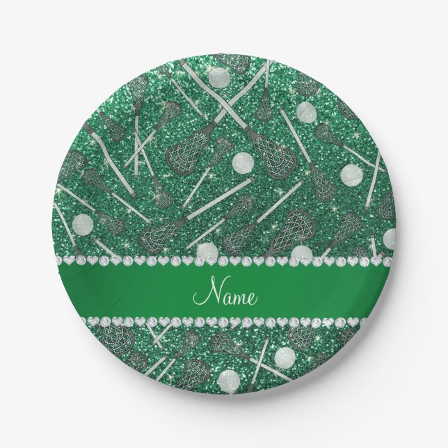 Custom name mint green glitter lacrosse sticks paper plate (Front)