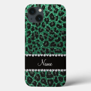 Custom name mint green glitter leopard print iPhone 13 case