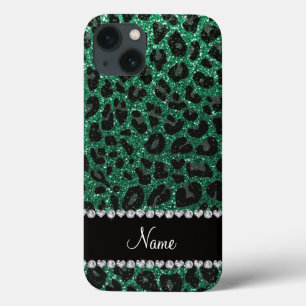 Custom name mint green glitter leopard print iPhone 13 case