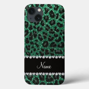Custom name mint green glitter leopard print iPhone 13 case