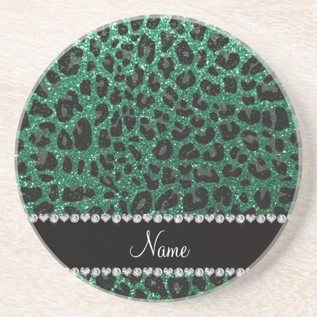 Custom name mint green glitter leopard print coaster (Front)