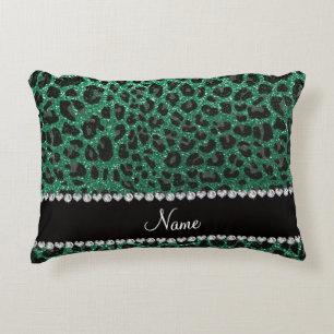 Custom name mint green glitter leopard print decorative pillow