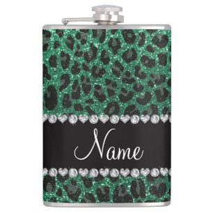Custom name mint green glitter leopard print hip flask