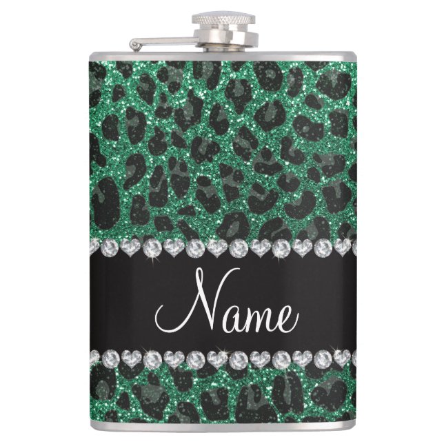 Custom name mint green glitter leopard print hip flask (Front)