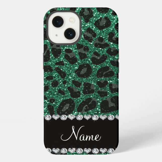 Custom name mint green glitter leopard print iPhone case (Back)