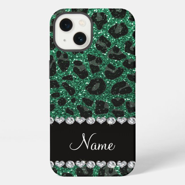 Custom name mint green glitter leopard print iPhone case (Back)