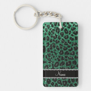 Custom name mint green glitter leopard print keychain