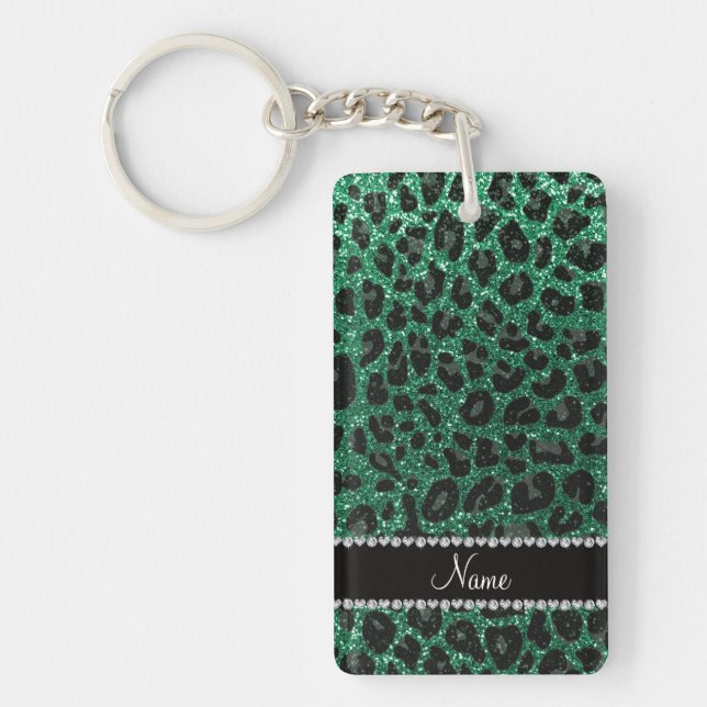 Custom name mint green glitter leopard print keychain (Front)