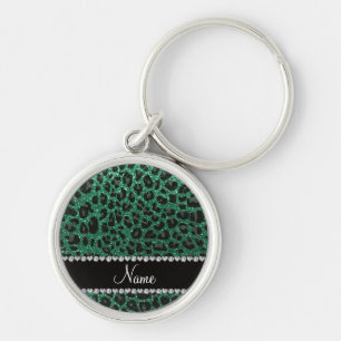 Custom name mint green glitter leopard print keychain