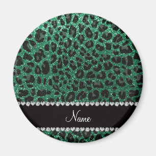 Custom name mint green glitter leopard print magnet