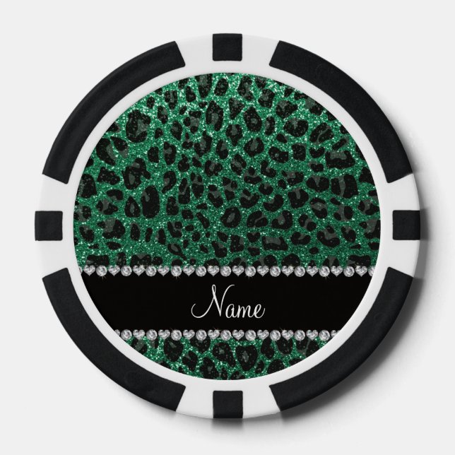 Custom name mint green glitter leopard print poker chips (Front)