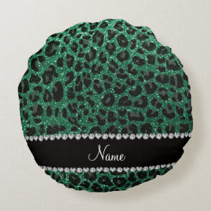 Custom name mint green glitter leopard print round pillow