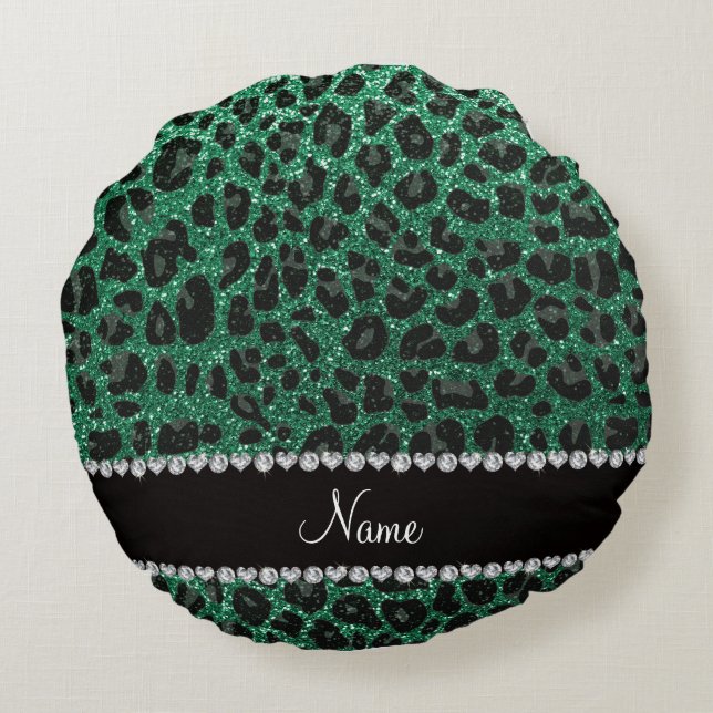 Custom name mint green glitter leopard print round pillow (Back)