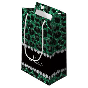 Custom name mint green glitter leopard print small gift bag