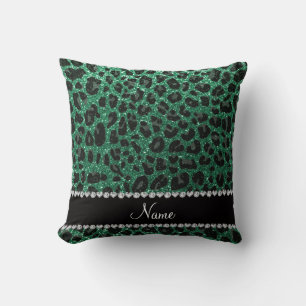 Custom name mint green glitter leopard print throw pillow