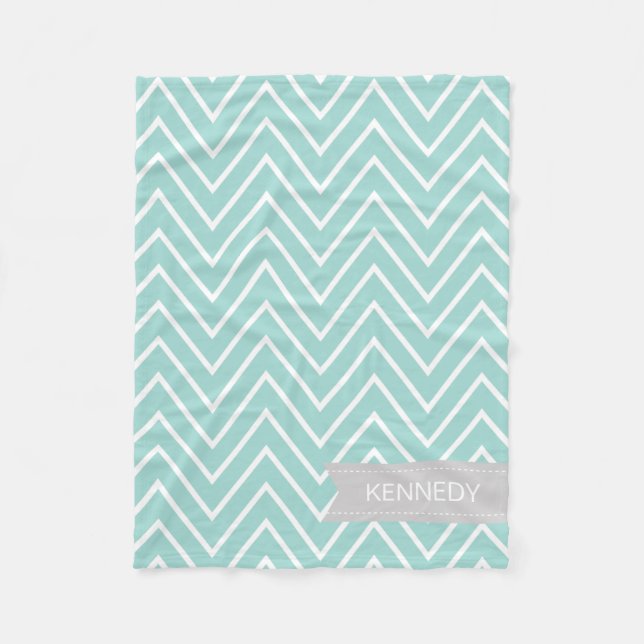 Custom Name Mint Green Grey Chevron Pattern Fleece Blanket (Front)