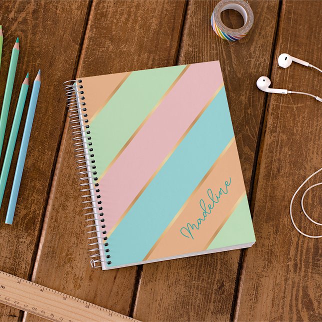 Custom Name Mint Green Turquoise Blue Pink Stripes Notebook (Creator Uploaded)