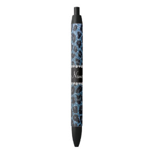 Custom name misty blue glitter leopard print black ink pen