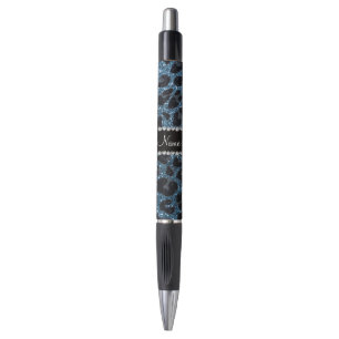 Custom name misty blue glitter leopard print pen