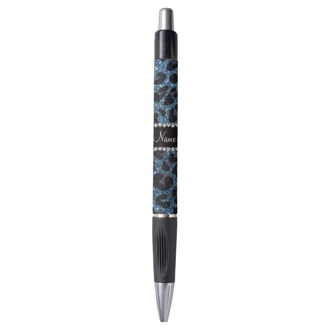 Custom name misty blue glitter leopard print pen (Front Vertical)