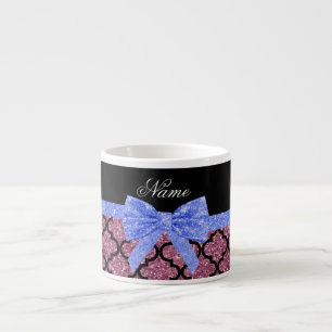 Custom name misty pink glitter moroccan blue bow espresso cup