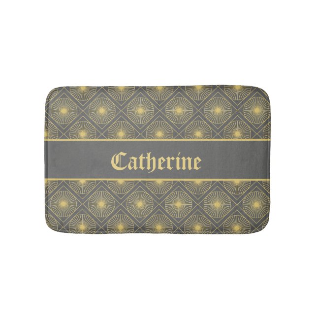 Custom Name Modern Geometric Pastel Gray & Yellow Bath Mat (Front)
