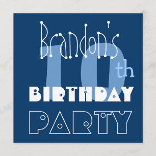 Custom Name Modern Kid's 10th Birthday Blue Invitation