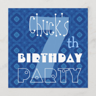Custom Name Modern Kid's 7th Birthday Blue Stars 3 Invitation
