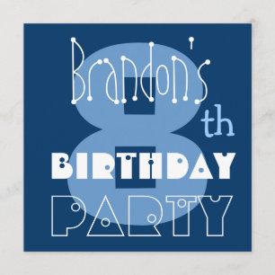 Custom Name Modern Kid's 8th Birthday Blue Invitation