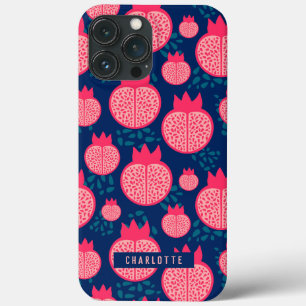 Custom Name Modern Pomegranate Pattern Navy Blue iPhone 13 Pro Max Case