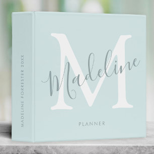 Custom Name Modern Script Aqua Blue Monogram Binder