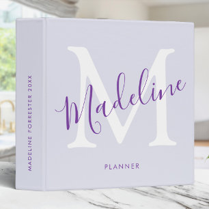 Custom Name Modern Script Purple Monogram Elegant Binder