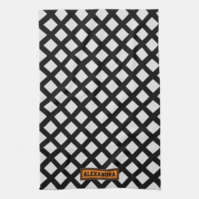 Custom name modern trendy pattern black white chic kitchen towel (Vertical)