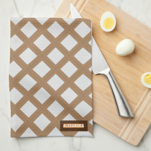 Custom name modern trendy pattern white brown chic kitchen towel