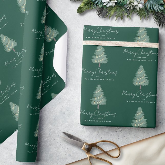 Custom Name Modern Watercolor Christmas Tree Green Wrapping Paper (Personalized family name merry Christmas watercolor whimsical tree green wrapping paper Whimsical)