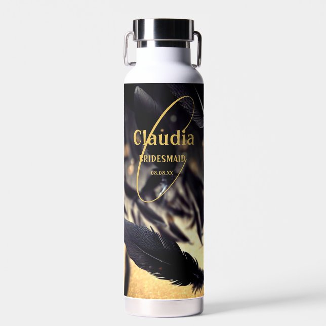 Custom Name Modern Wedding Black Golden Feather  Water Bottle (Front)