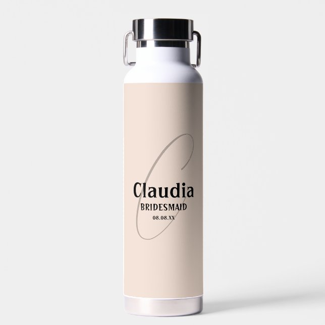 Custom Name Modern Wedding Champagne Pink Water Bottle (Front)