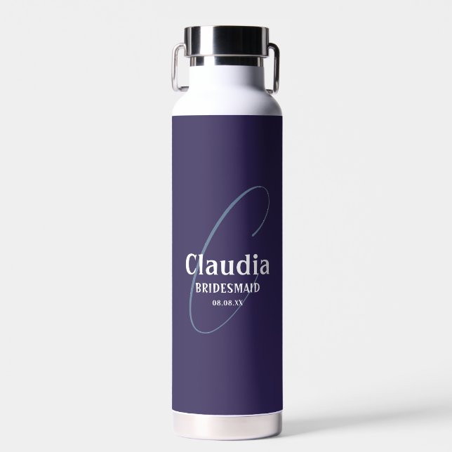 Custom Name Modern Wedding Navy Blue Water Bottle (Front)