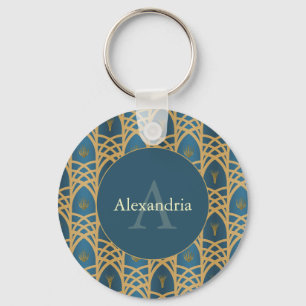 Custom Name & Monogram Art Deco Teal & Gold Keychain