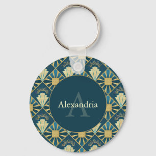 Custom Name & Monogram Art Deco Teal & Gold Keychain