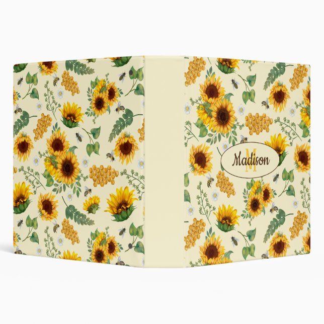 Custom Name Monogram Binder Sunflowers Honey Bees (Background)